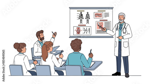 Medical lecture with diverse doctors in a classroom setting