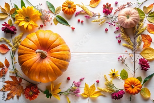 Happy Thanksgiving Day Background: Autumn Leaves, Pumpkin Sketch & Floral Frame