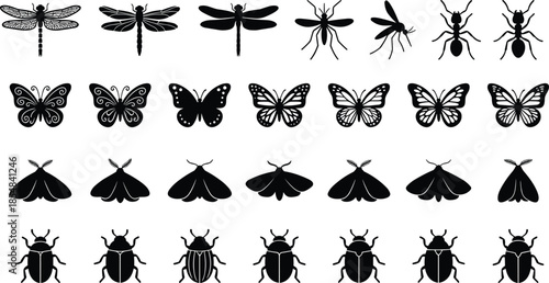 Flying insects silhouette vector set featuring butterflies dragonflies beetles ants mosquitoes isolated black icons collection illustration design nature wildlife symbols