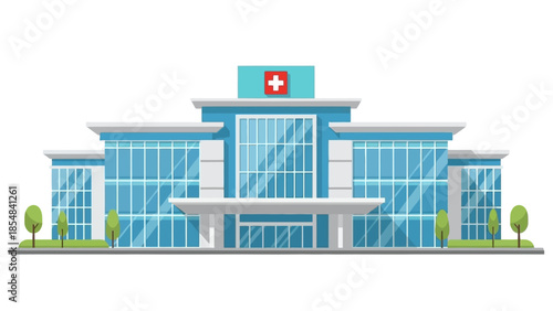 Modern hospital building facade with glass exterior and trees