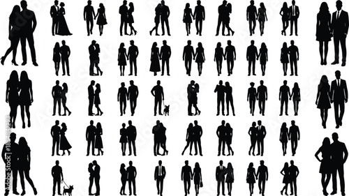 Couple silhouette vector collection featuring elegant men women walking holding hands romantic poses isolated black people illustration design lifestyle modern