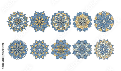 Ornamental mandala pattern vector set with blue and yellow floral geometry isolated on white background