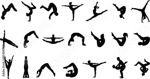 Gymnastics acrobat silhouette vector set featuring flips jumps balances flexibility poses isolated black athlete figures illustration design sport motion action