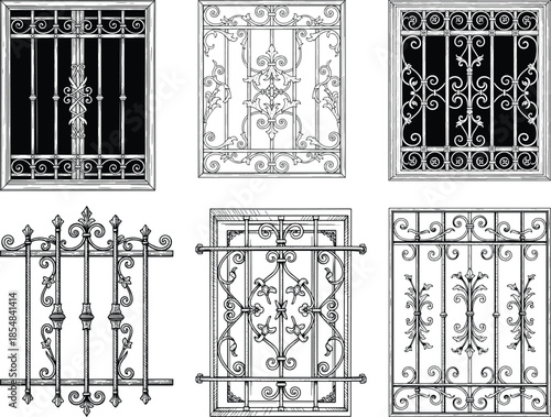 Classic French Window Grill Set Etching Engraving Style Ornamental Wrought Iron Architecture Illustration Vintage