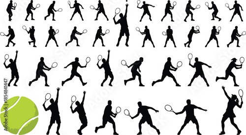 Tennis player silhouette vector set showing dynamic strokes serves movements isolated black athlete figures collection illustration design sport action
