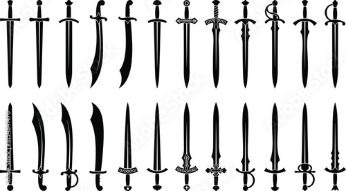 Medieval sword silhouette vector collection showing fantasy daggers blades hilts isolated black weapon icons illustration design set historical armory art