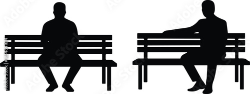 Man sitting on park bench silhouette vector set showing relaxed waiting poses isolated black human figures illustration design urban lifestyle