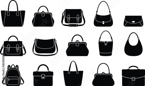 Handbag silhouette vector collection featuring purses totes backpacks clutches styles isolated black fashion accessories illustration design set modern women retail