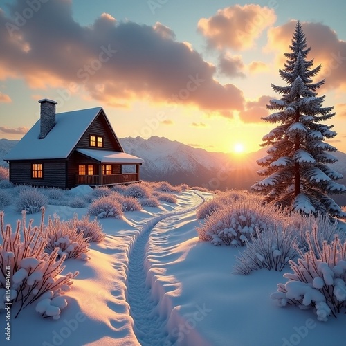 Cozy cabin in snow at sunset near mountains Generative AI