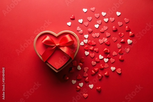 Heart-Shaped Box & Paper Hearts Valentine's Day Top View Silhouette Stock Photo