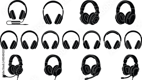 Black headphone silhouette collection featuring wired wireless gaming studio headsets isolated on white background vector illustration set for stock use
