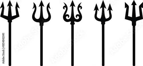 Black trident silhouette collection featuring mythological weapon symbols inspired by Poseidon Neptune isolated on white background vector illustration set