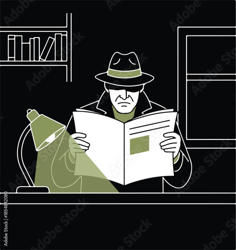 Intense Detective Reading Newspaper Under Lamp Light in Dark Room.