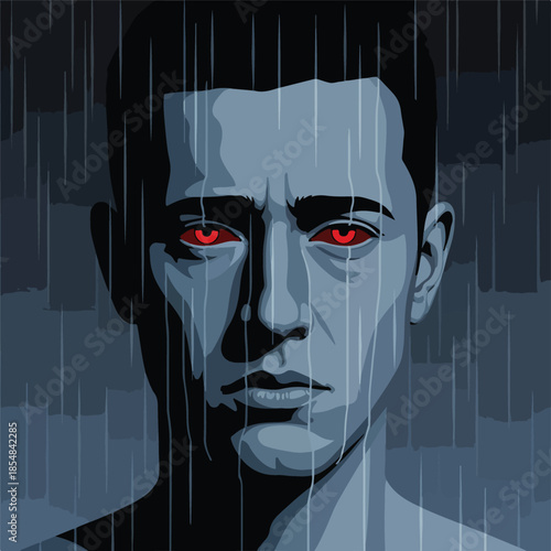 Intense Gaze of a Man with Red Eyes in the Rain.