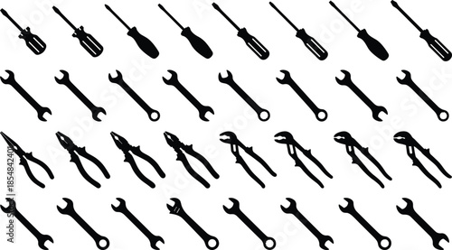 Black hand tool silhouette collection featuring screwdrivers wrenches pliers mechanic repair equipment isolated on white background vector illustration set design