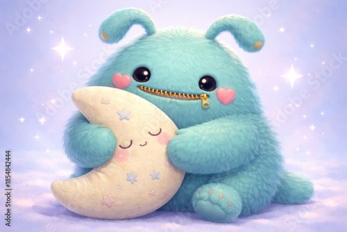 Blue furry monster plush hugging moon pillow on pastel night background, cute fantasy character for kids sleep comfort