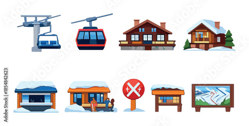 Winter ski resort icons featuring gondola lifts and snow-covered cabins