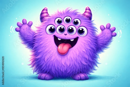 Purple furry multi eyed monster character waving hands on bright background, cute fantasy illustration for kids design