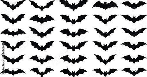 Black bat silhouette collection featuring flying halloween animals spooky night symbols isolated on white background vector illustration set