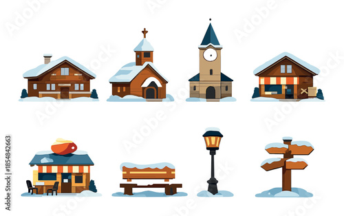 Charming winter village: snow-covered buildings, church, lamp post, rustic signpost