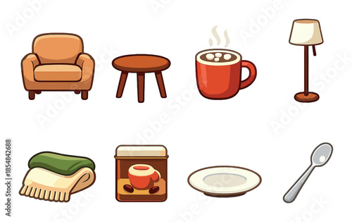 Cozy living room icons: armchair, table, coffee mug, lamp, blanket, candle, plate, spoon