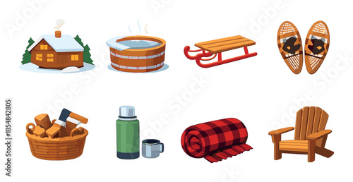 Cozy winter icons: cabin, hot tub, sled, snowshoes, firewood, thermos, blanket, chair