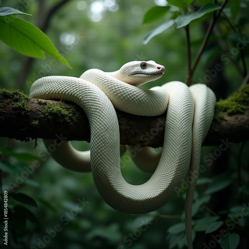 AI generated Tranquil white serpent perched on thick textured limbs amidst lush foliage
