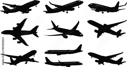 Black airplane silhouette collection featuring commercial passenger jets aircraft flying landing takeoff isolated on white background vector illustration set design