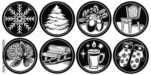 8 detailed vector icons of winter season ornament for family and web design, monochrome style