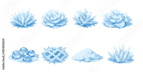 Eight frozen botanical and geometric ice sculptures on black background