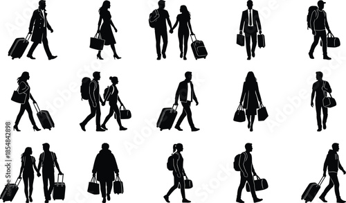 Black traveler silhouette collection featuring men women couples walking with luggage business tourism airport journey isolated on white background vector illustration set