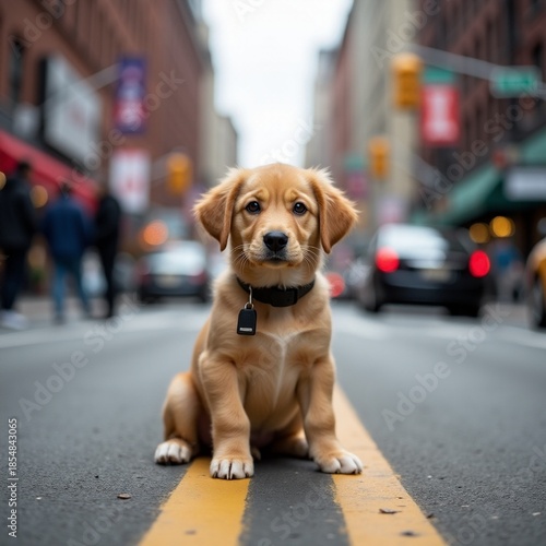 AI generated Excited puppy with leather collar investigates bustling city environment