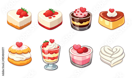 Assorted romantic heart-shaped desserts with berries and cream toppings