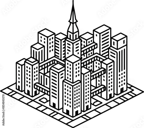 Isometric Cityscape Illustration with Interconnected Buildings and Central Tower.
