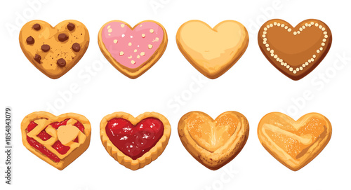 Assorted heart-shaped cookies with varied decorations and flavors on golden background