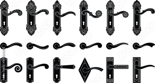 Vintage ornate door handle silhouettes set featuring classic decorative hardware designs isolated on white background vector illustration for interior branding