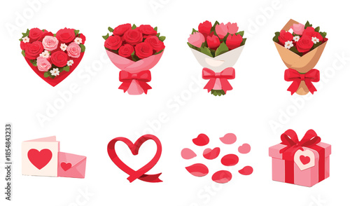 Romantic floral arrangements and gifts with hearts and roses