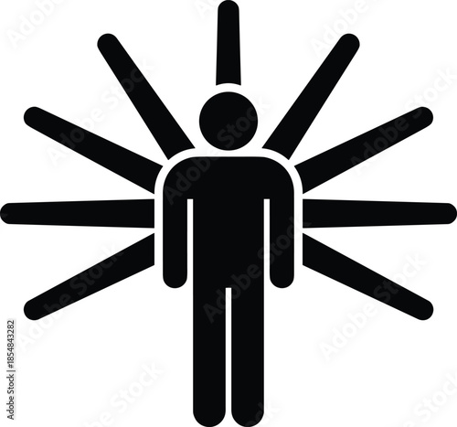 Silhouette of person with radiating beams, black figure, empowerment symbol, energy burst, leadership pose, enlightenment gesture, white background, personal growth