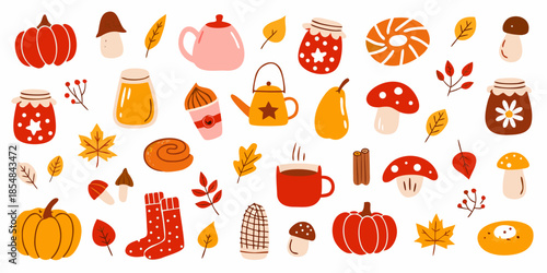 Autumnal illustrations of pumpkins leaves and cozy fall objects in warm tones