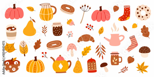 Autumnal collection featuring pumpkins pears socks and various cozy fall elements