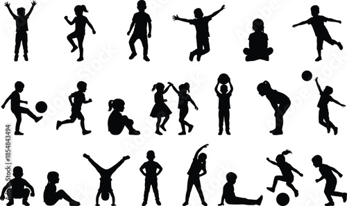 Children silhouettes collection showing kids playing jumping running dancing and sitting poses isolated on white background vector illustration set