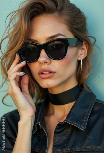 AI generated Stylish female model with sunglasses and jewelry showcasing beauty campaign