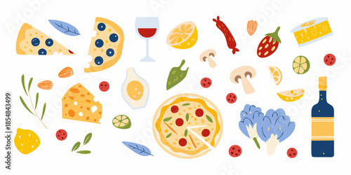 A colorful arrangement of various foods including pizza cheese and fresh produce