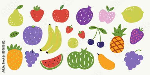 Colorful assortment of various fruits in a playful hand drawn illustration style