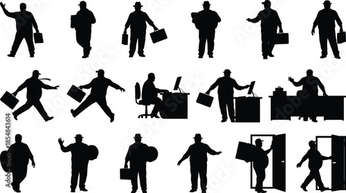 Businessman silhouette set showing office worker actions carrying briefcase, walking, running, entering workplace, professional corporate lifestyle vector illustration black icons