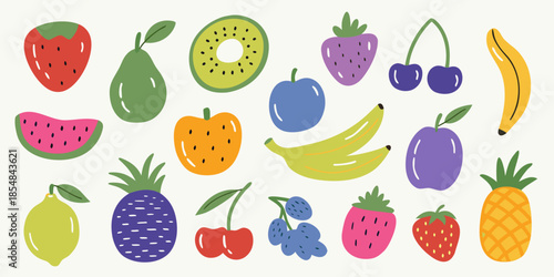 Colorful assortment of cartoon fruits strawberries bananas watermelon and more