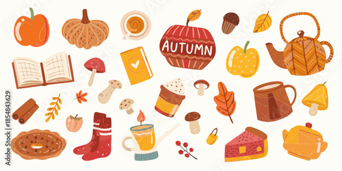 Autumnal still life featuring pumpkins books tea and cozy fall elements