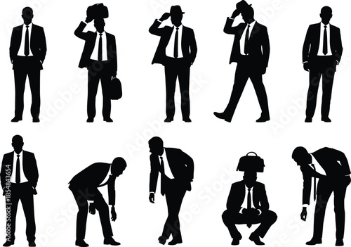 Businessman silhouette collection showing professional male poses, suit and tie corporate lifestyle, office worker actions vector illustration set icons