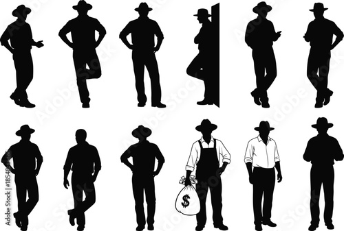 Western cowboy silhouette collection showing standing poses, hat wearing men, ranch lifestyle, country worker actions vector illustration set
