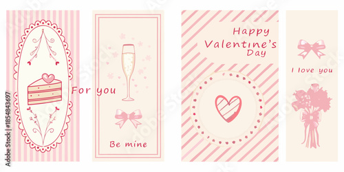 Valentine s day themed bookmarks with hearts cake champagne and floral designs